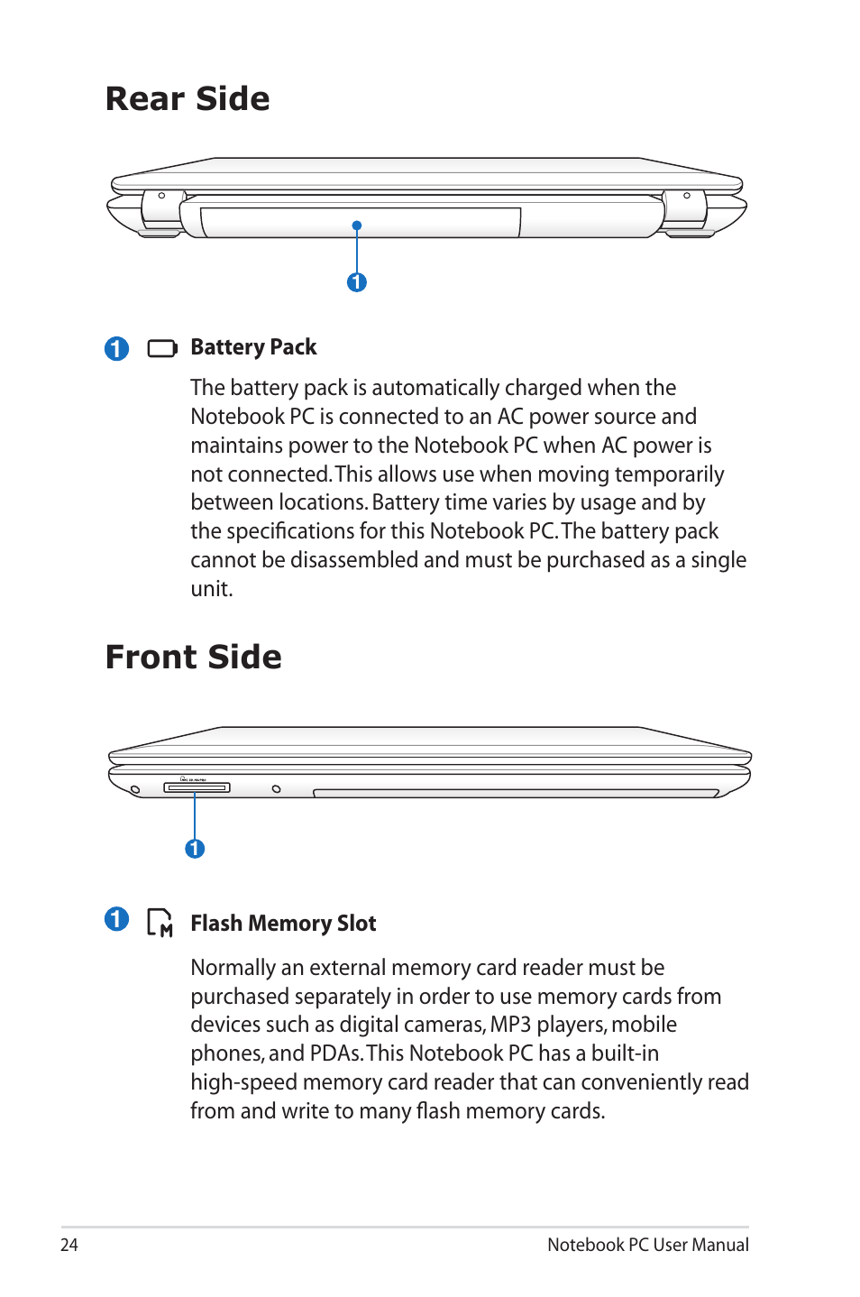 Rear side, Front side, Rear side front side | Asus X7CBE User Manual | Page 24 / 116
