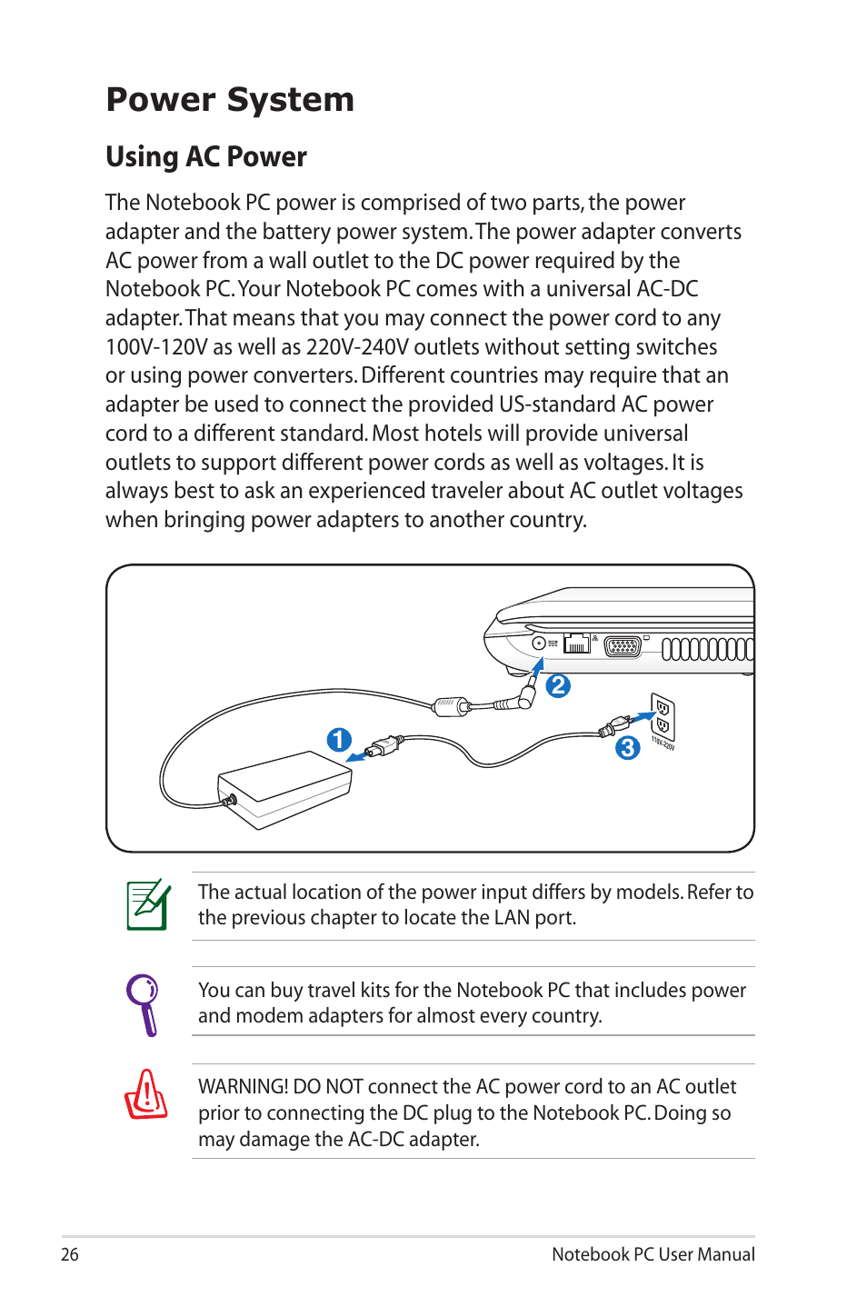 Power system, Using ac power | Asus X7CBE User Manual | Page 26 / 116