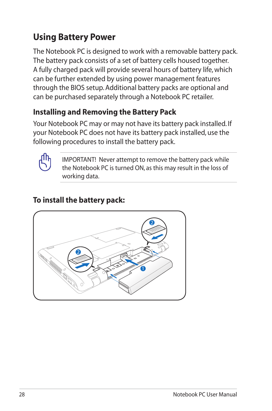 Using battery power, Installing and removing the battery pack | Asus X7CBE User Manual | Page 28 / 116