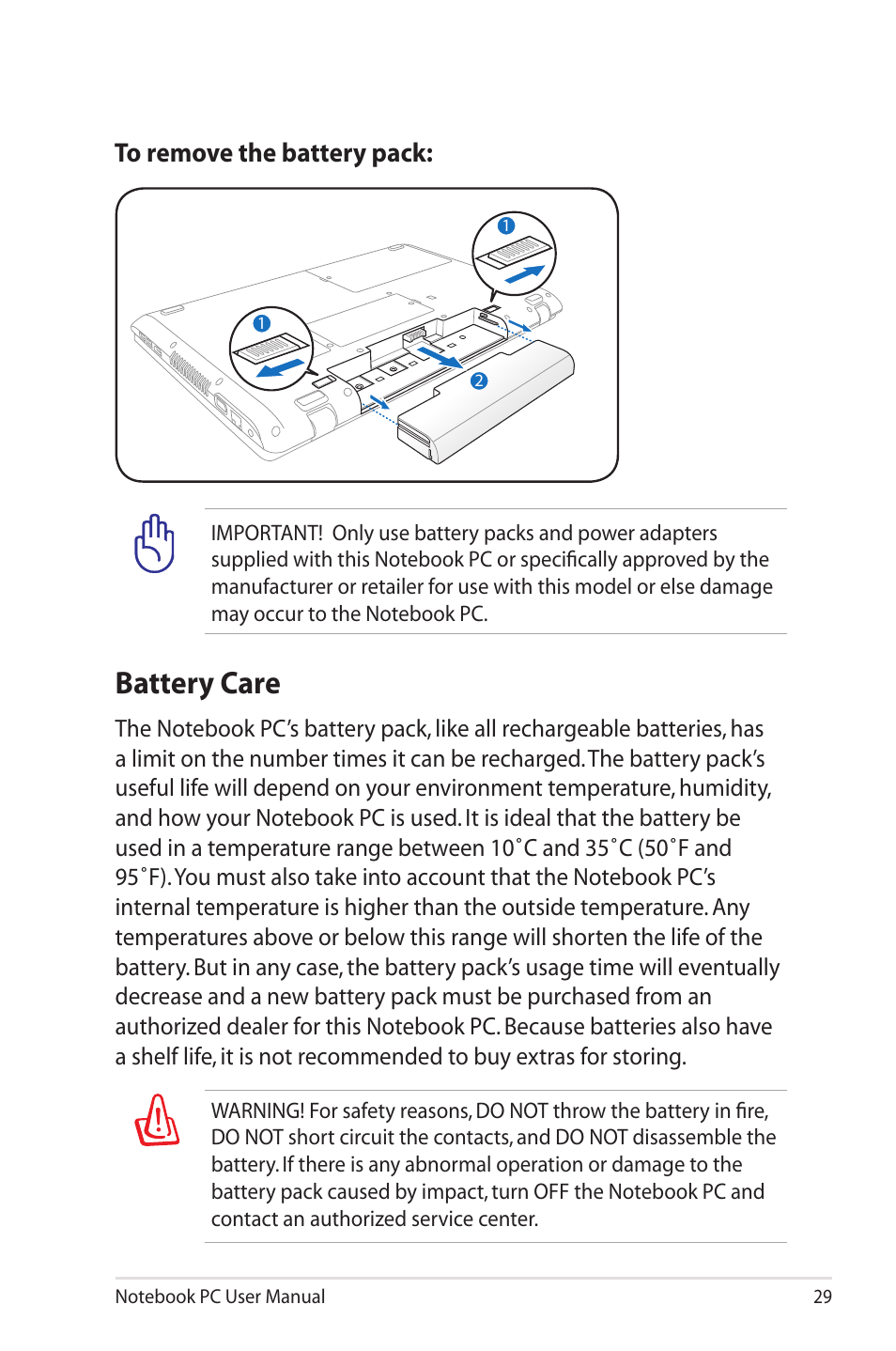 Battery care | Asus X7CBE User Manual | Page 29 / 116