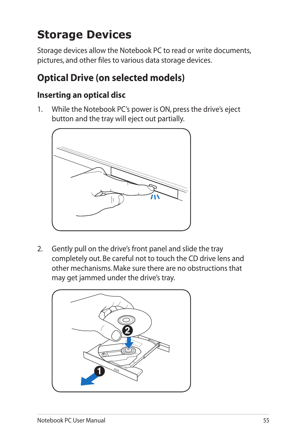 Storage devices, Optical drive (on selected models) | Asus X7CBE User Manual | Page 55 / 116