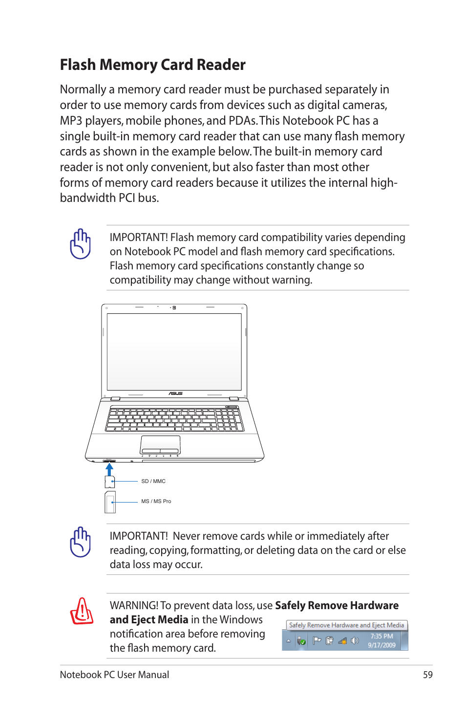 Flash memory card reader | Asus X7CBE User Manual | Page 59 / 116