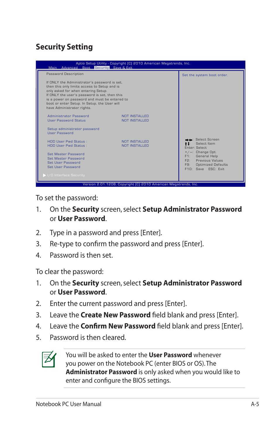 Security setting | Asus X7CBE User Manual | Page 77 / 116