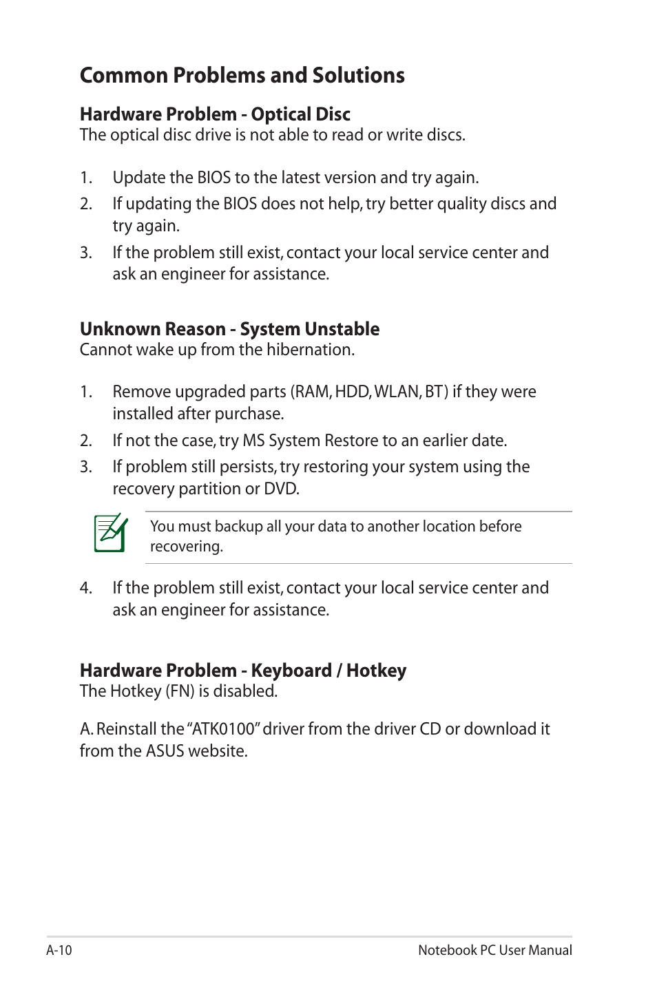 Common problems and solutions | Asus X7CBE User Manual | Page 82 / 116
