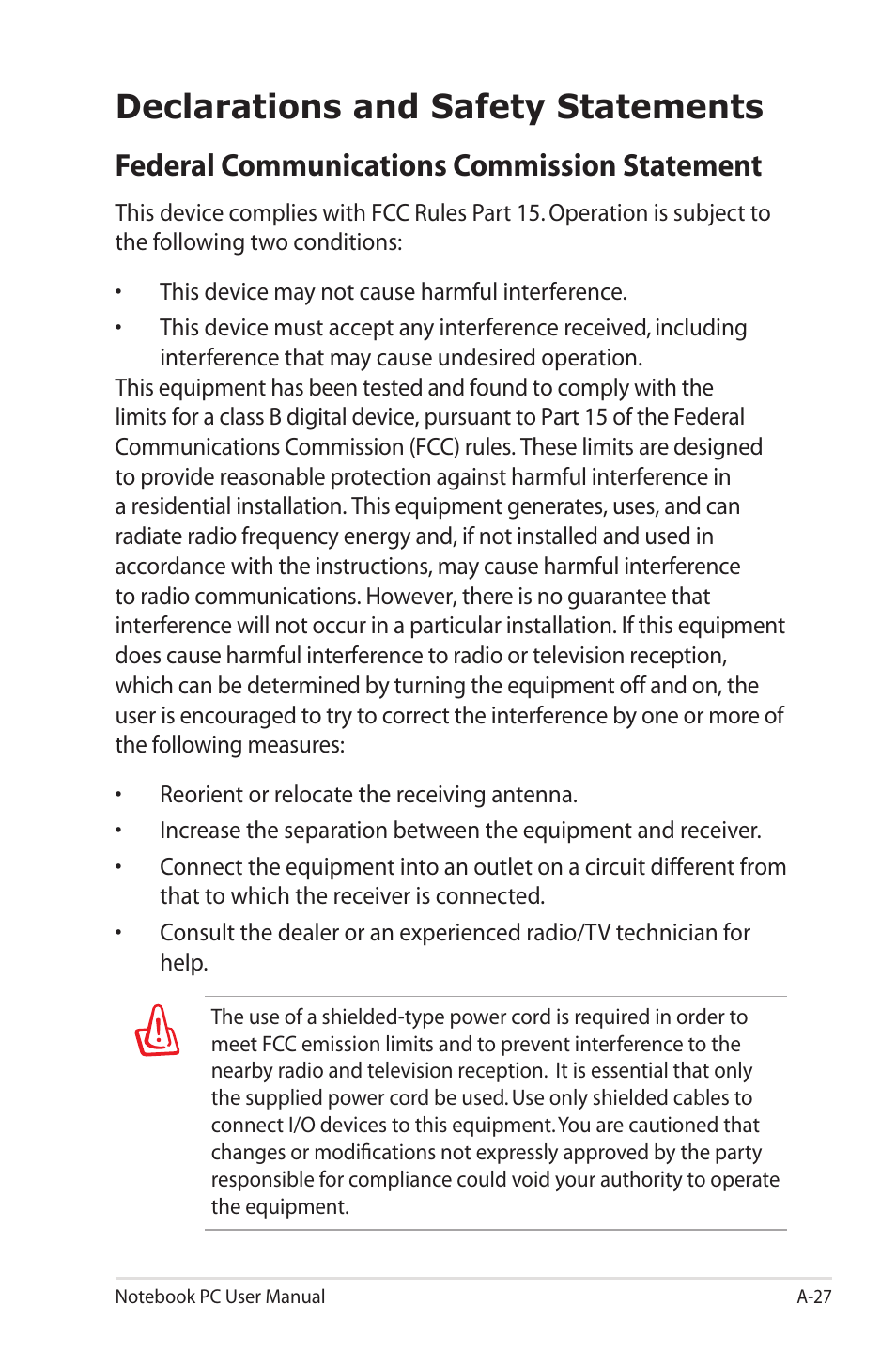 Declarations and safety statements, Federal communications commission statement | Asus X7CBE User Manual | Page 99 / 116