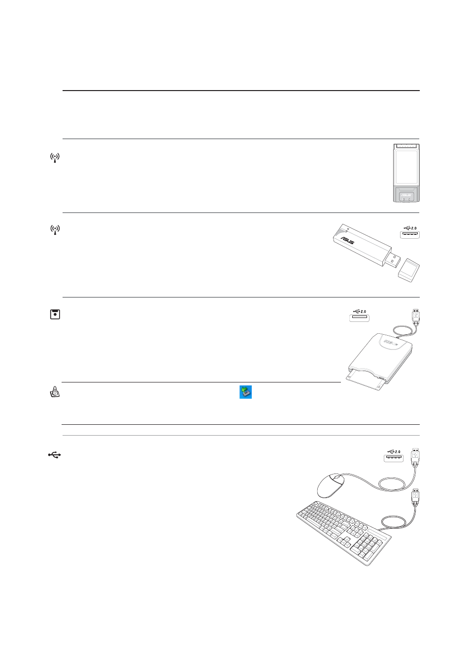 Optional accessories (cont.), Wireless lan card, Wireless lan usb adapter | Usb keyboard and mouse, Usb floppy disk drive | Asus Z35A User Manual | Page 51 / 70