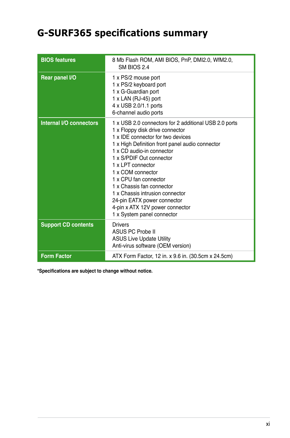 G-surf365 specifications summary | Asus G-SURF365 User Manual | Page 11 / 104