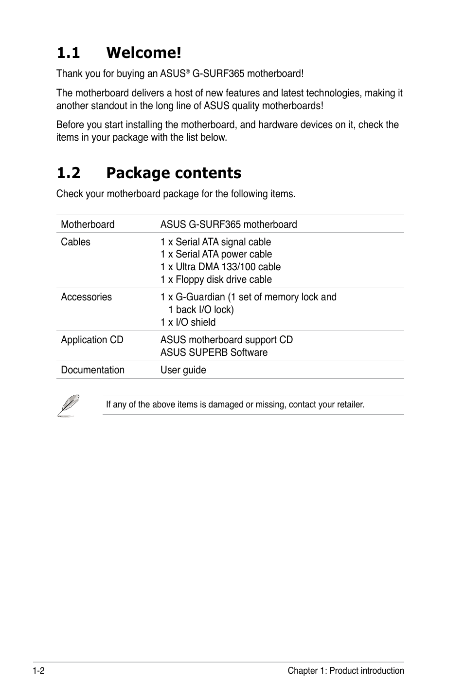 1 welcome, 2 package contents | Asus G-SURF365 User Manual | Page 14 / 104