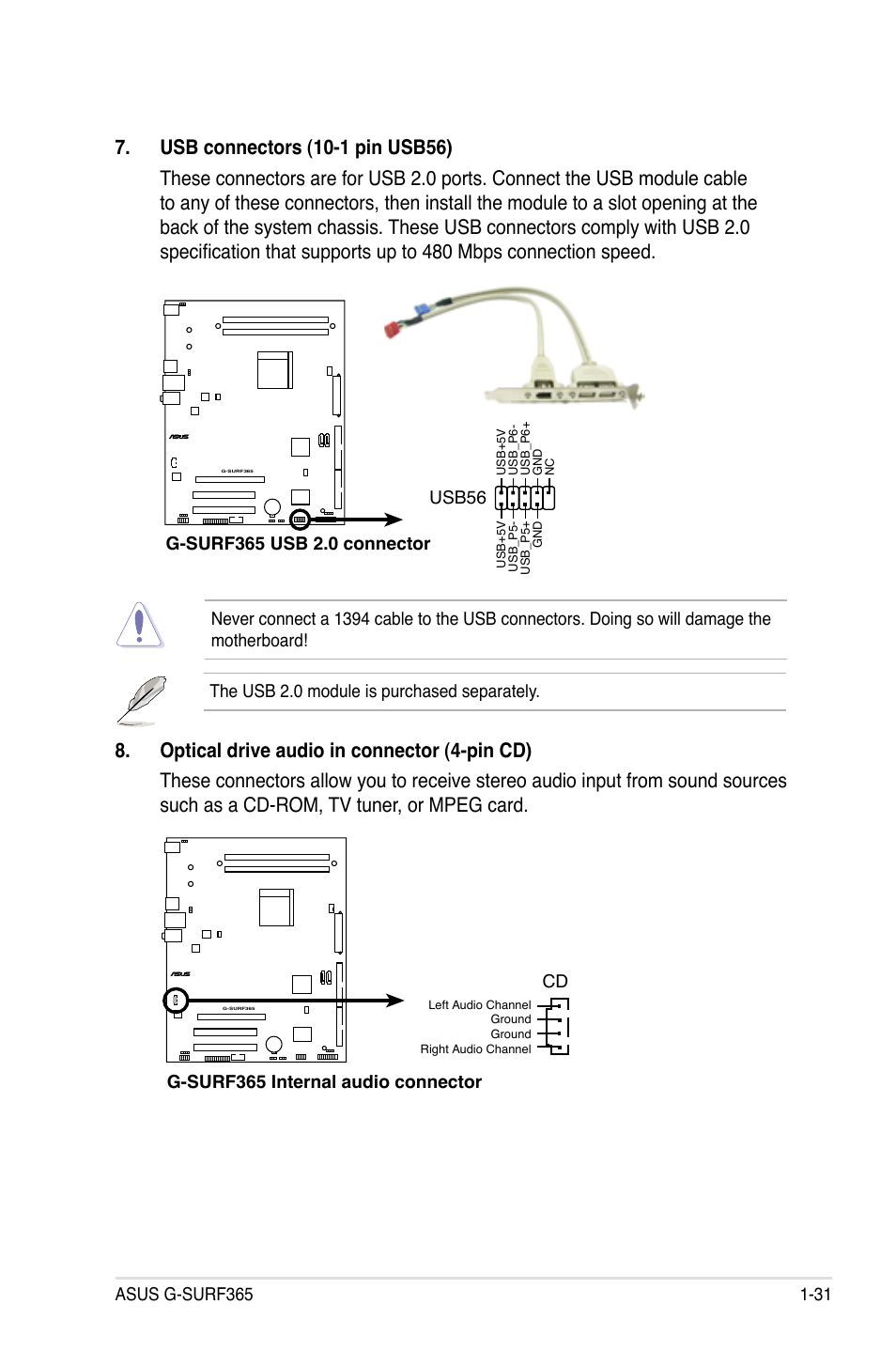 The usb 2.0 module is purchased separately, G-surf365.internal.audio.connector cd | Asus G-SURF365 User Manual | Page 43 / 104