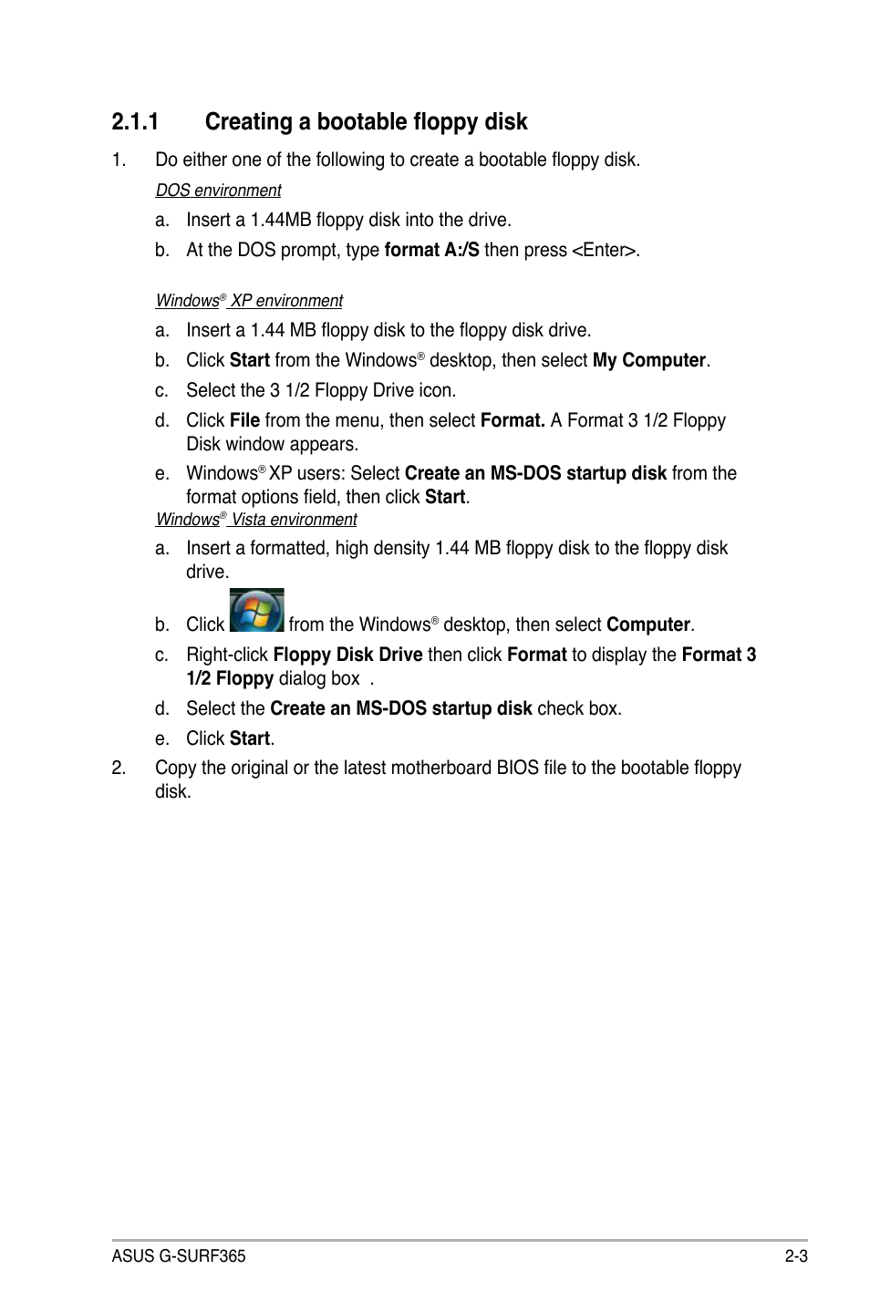 1 creating a bootable floppy disk | Asus G-SURF365 User Manual | Page 55 / 104