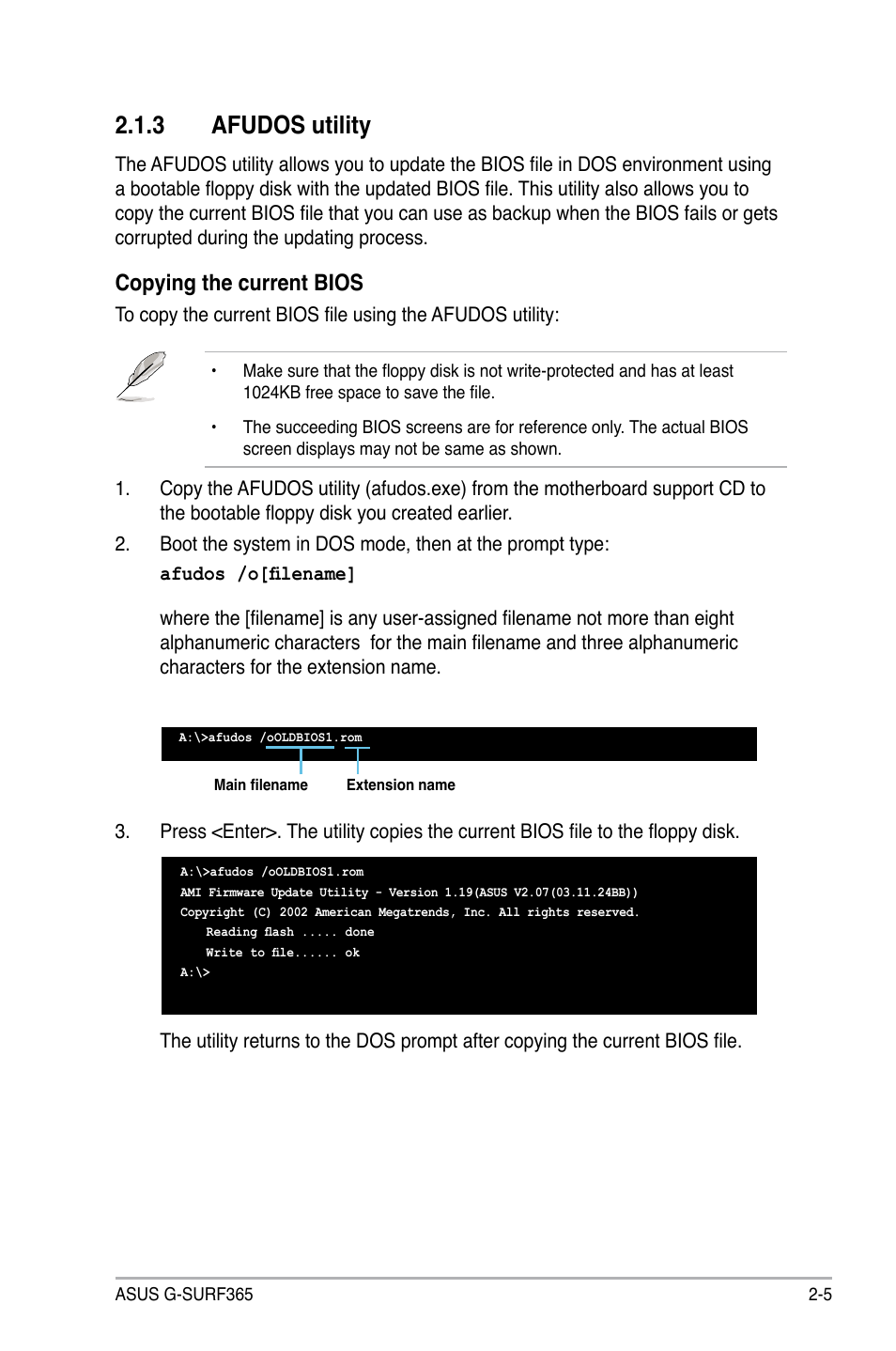 Afudos.utility, Copying.the.current.bios | Asus G-SURF365 User Manual | Page 57 / 104