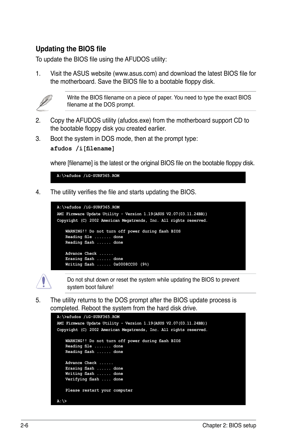 Updating the bios file | Asus G-SURF365 User Manual | Page 58 / 104