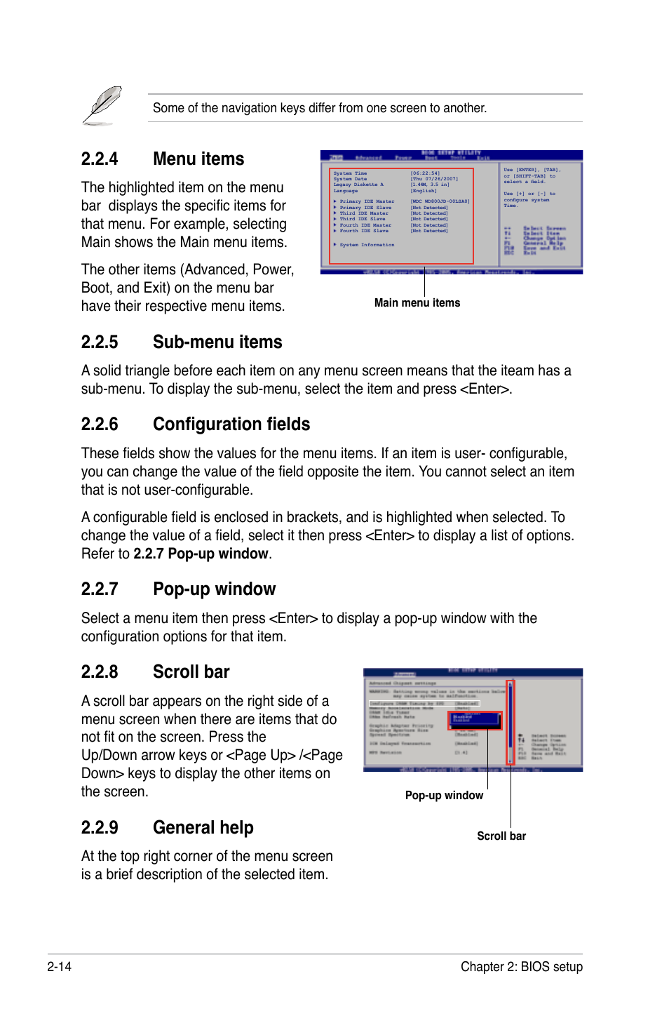 Menu.items, Sub-menu.items, 6 configuration fields | Pop-up.window, Scroll.bar, General.help | Asus G-SURF365 User Manual | Page 66 / 104