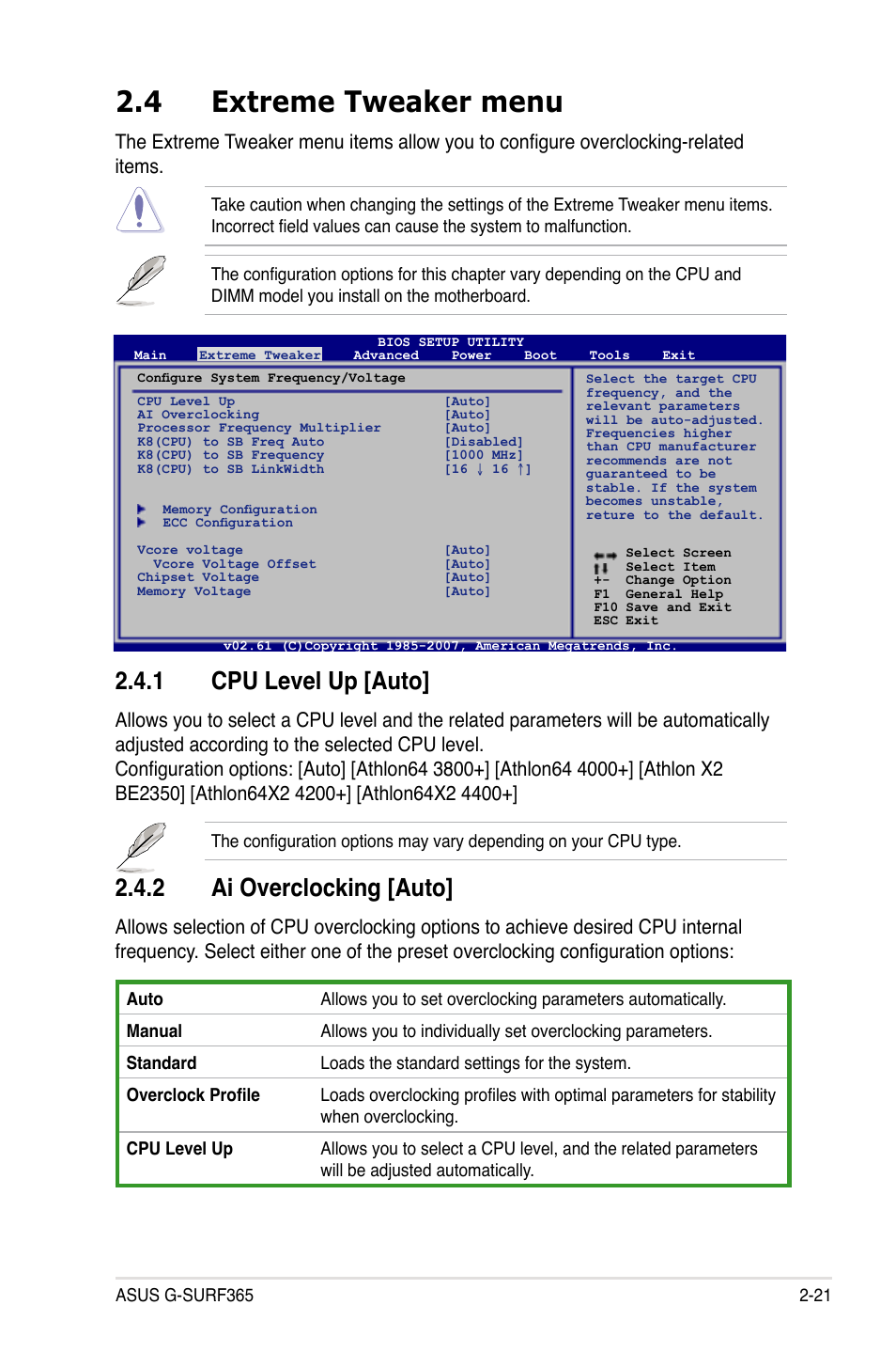 4 extreme tweaker menu, Cpu.level.up.[auto, Ai.overclocking.[auto | Asus G-SURF365 User Manual | Page 73 / 104