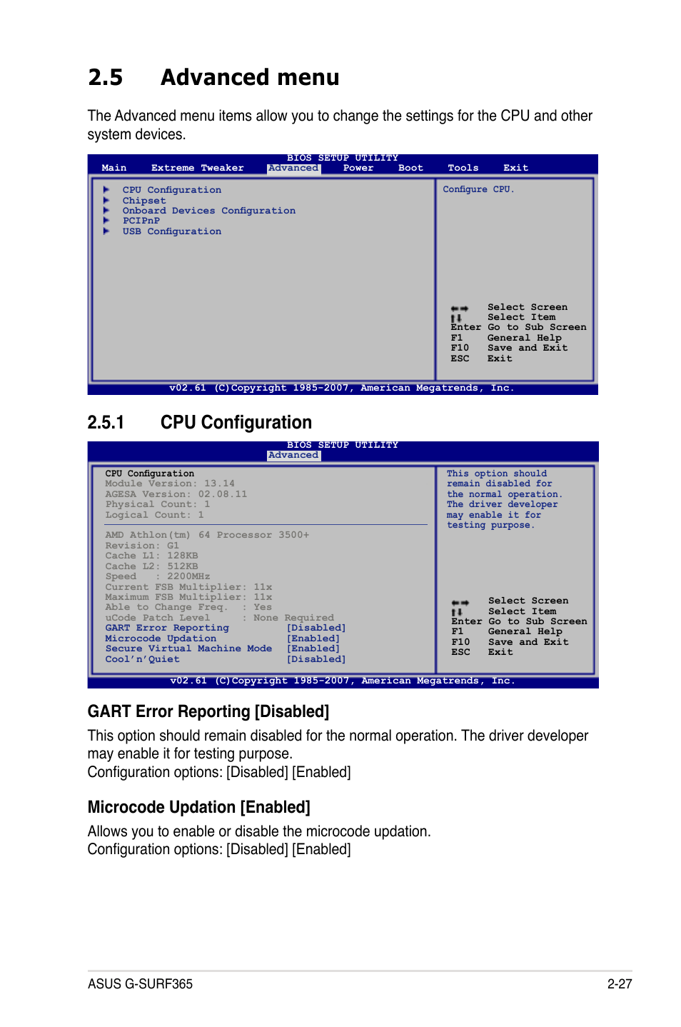 5 advanced menu, 1 cpu configuration, Gart.error.reporting.[disabled | Microcode.updation.[enabled | Asus G-SURF365 User Manual | Page 79 / 104