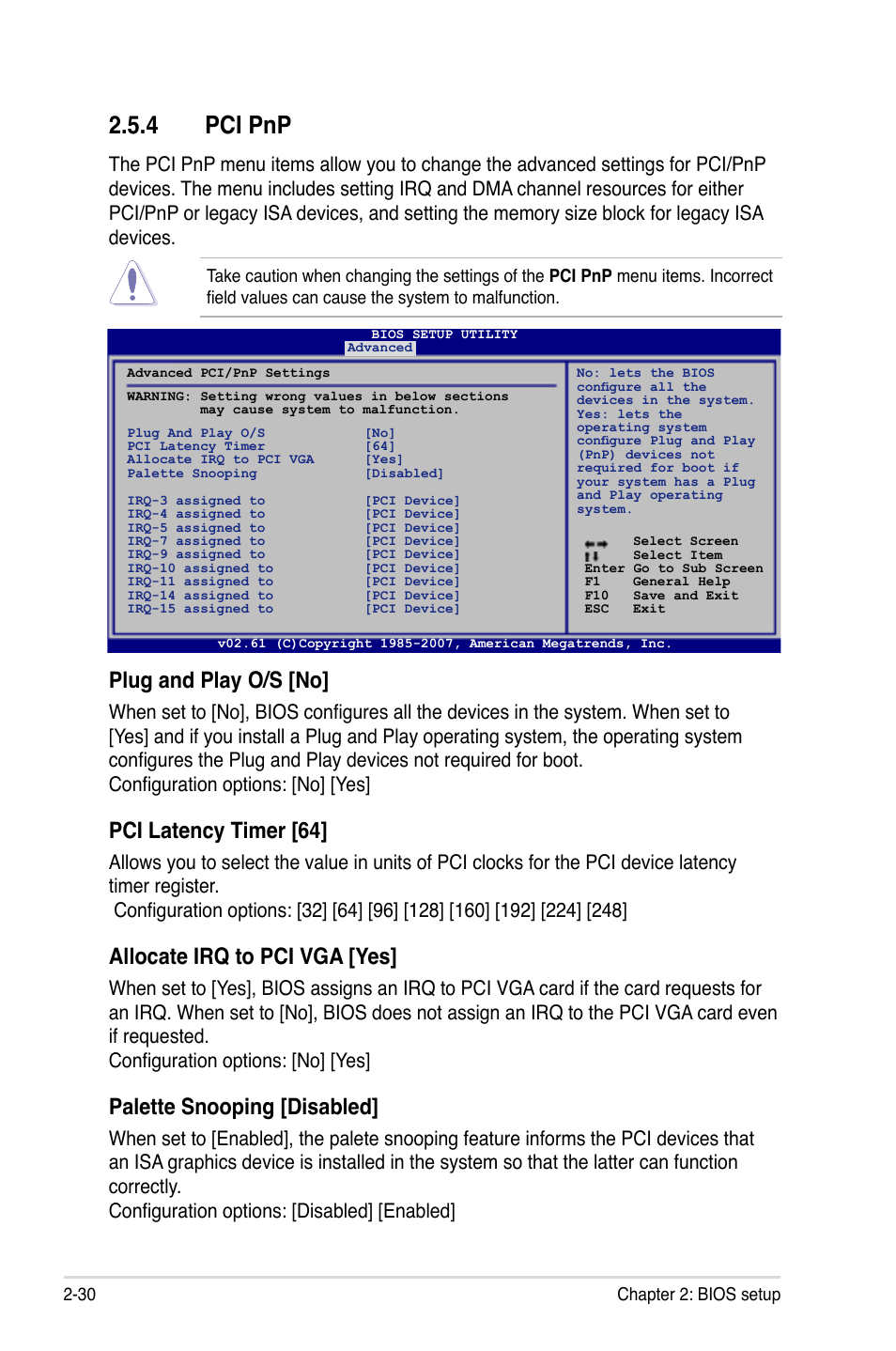 Pci.pnp, Plug.and.play.o/s.[no, Pci.latency.timer.[64 | Allocate irq to pci vga [yes, Palette.snooping.[disabled | Asus G-SURF365 User Manual | Page 82 / 104