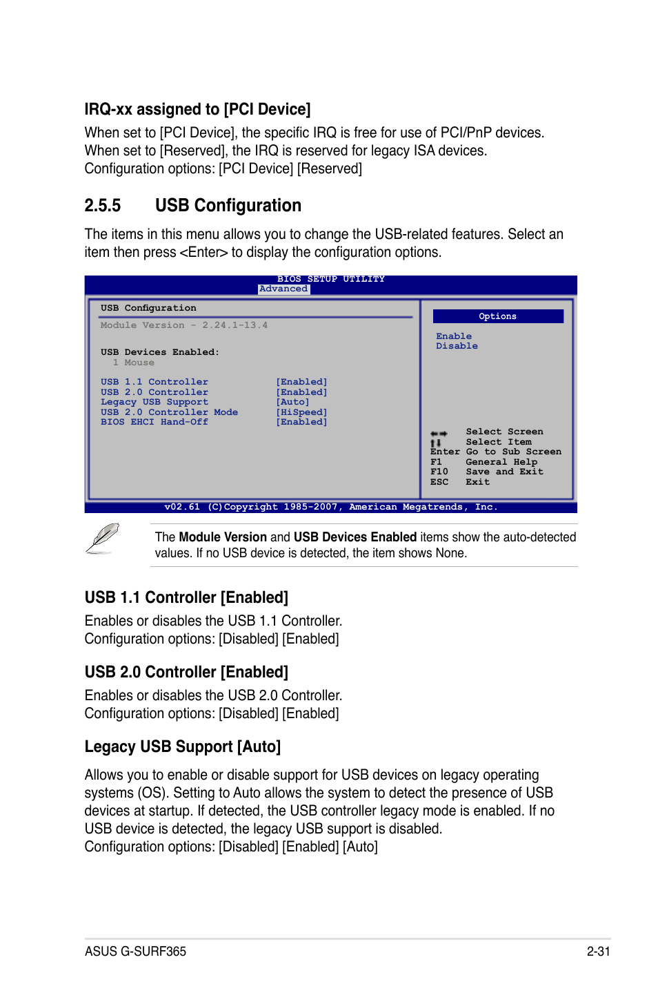 5 usb configuration, Irq-xx assigned to [pci device, Usb.1.1.controller.[enabled | Usb.2.0.controller.[enabled | Asus G-SURF365 User Manual | Page 83 / 104