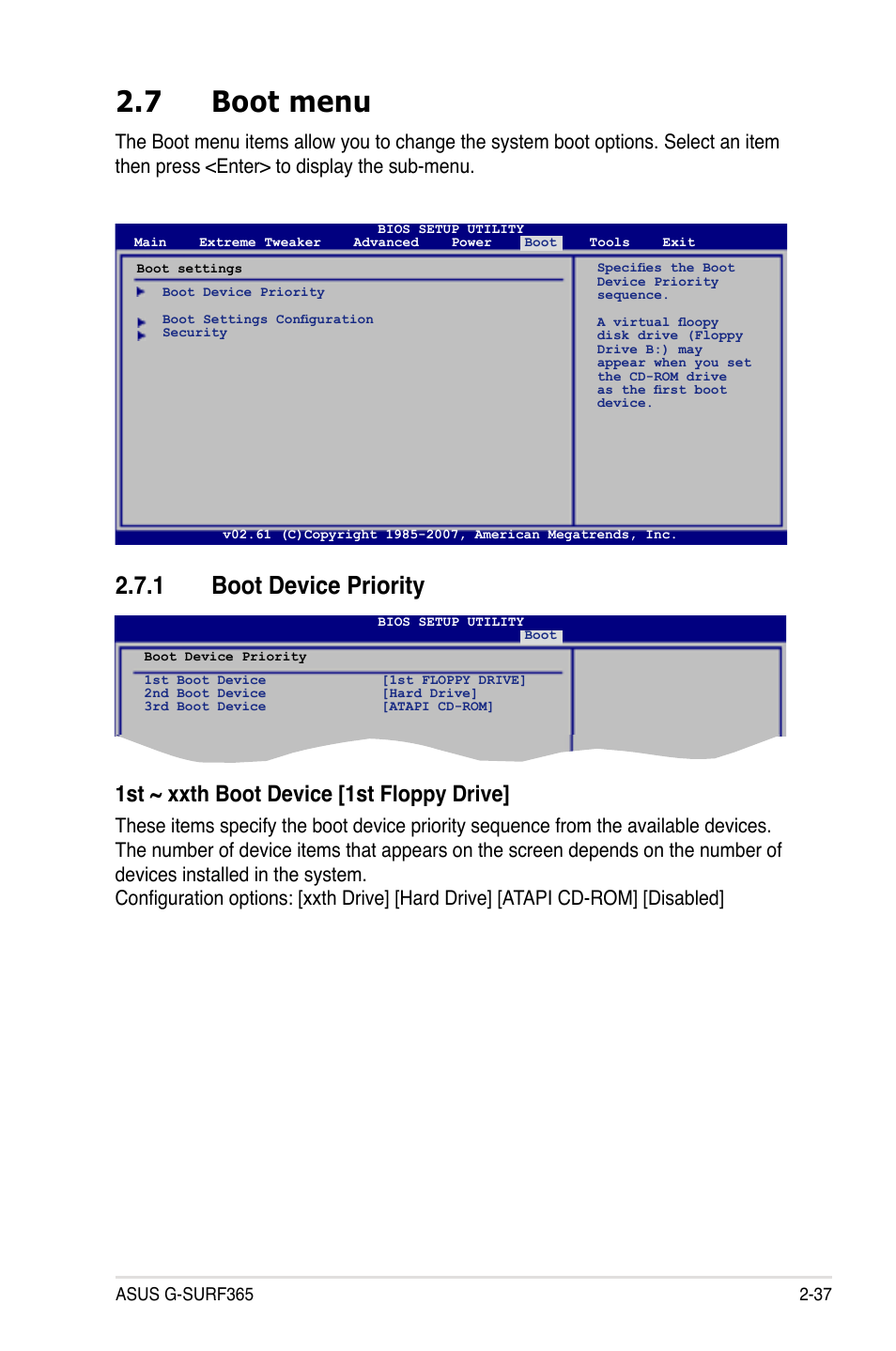 7 boot menu, Boot.device.priority, 1st.~.xxth.boot.device.[1st.floppy.drive | Asus G-SURF365 User Manual | Page 89 / 104