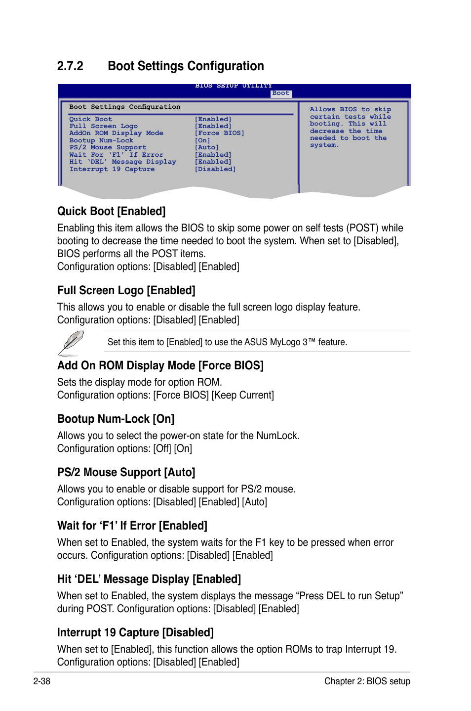 2 boot settings configuration, Quick boot [enabled, Full.screen.logo.[enabled | Add.on.rom.display.mode.[force.bios, Bootup.num-lock.[on, Ps/2.mouse.support.[auto, Wait for ‘f1’ if error [enabled, Hit ‘del’ message display [enabled, Interrupt.19.capture.[disabled | Asus G-SURF365 User Manual | Page 90 / 104