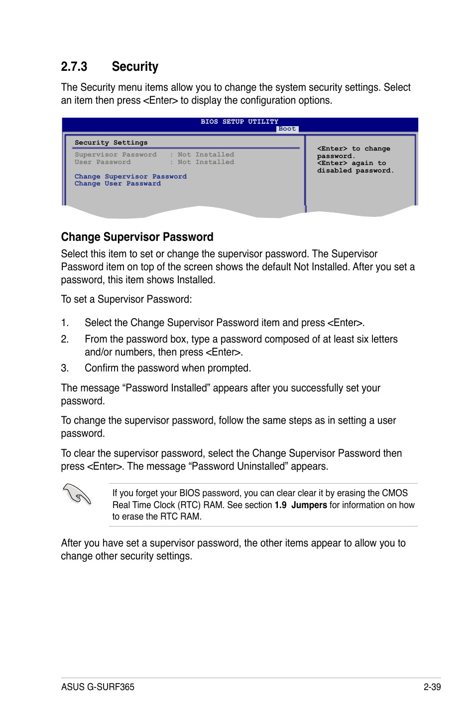 Security, Change.supervisor.password | Asus G-SURF365 User Manual | Page 91 / 104