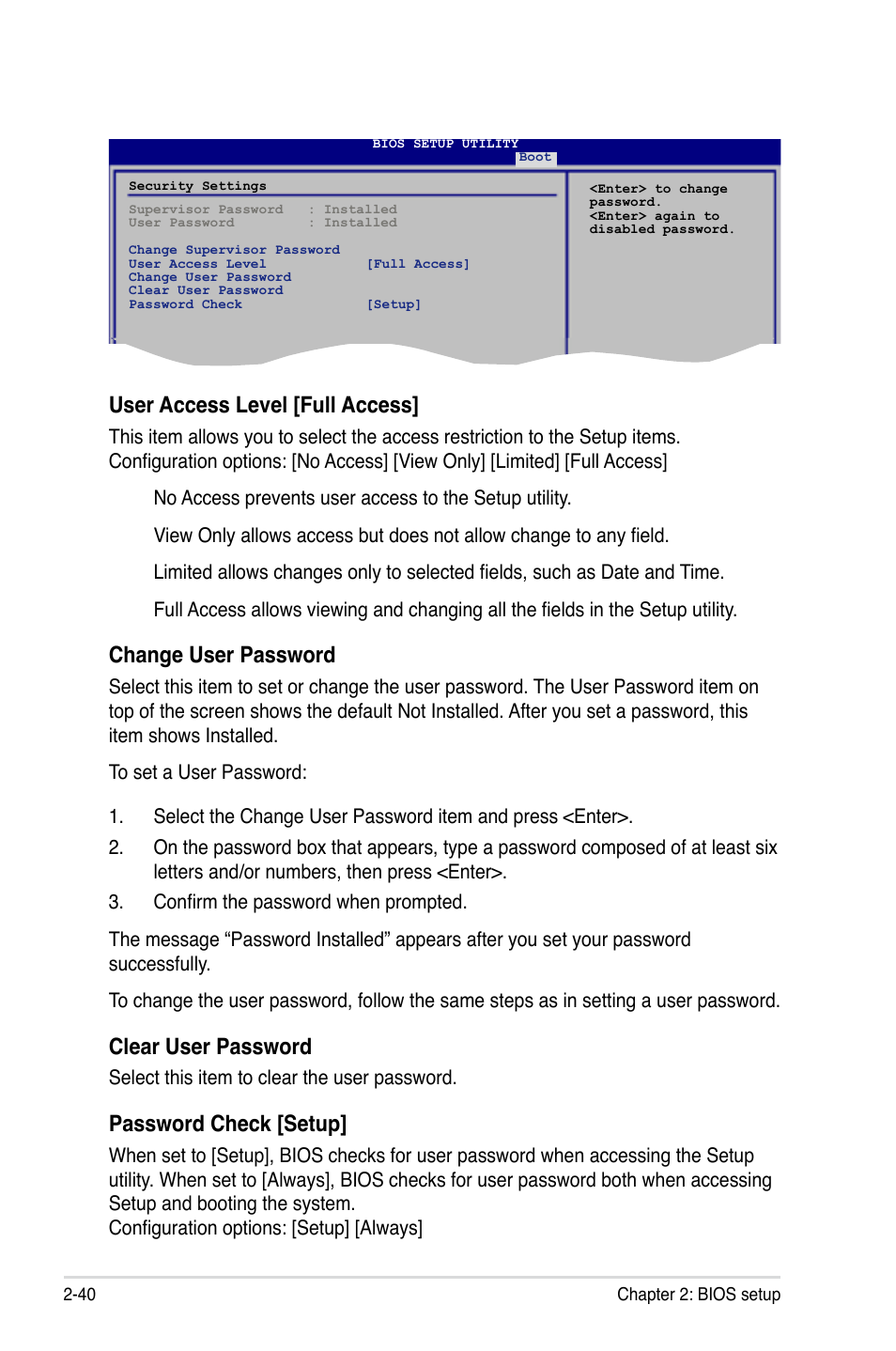 User.access.level.[full.access, Password.check.[setup | Asus G-SURF365 User Manual | Page 92 / 104