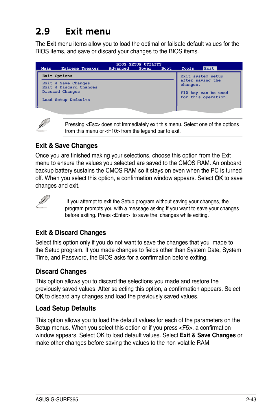 9 exit menu, Exit.&.discard.changes, Discard.changes | Load.setup.defaults, Exit.&.save.changes | Asus G-SURF365 User Manual | Page 95 / 104