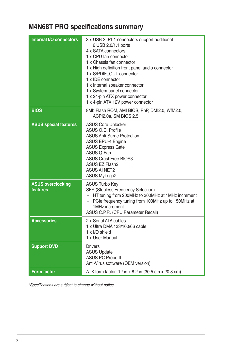 M4n68t pro specifications summary | Asus M4N68T PRO User Manual | Page 10 / 64