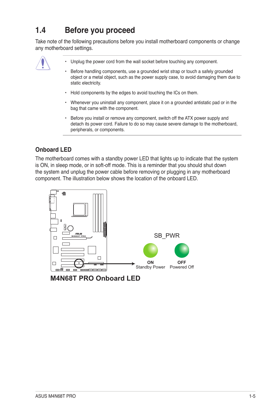 4 before you proceed, Before you proceed -5, M4n68t pro onboard led | Asus M4N68T PRO User Manual | Page 15 / 64