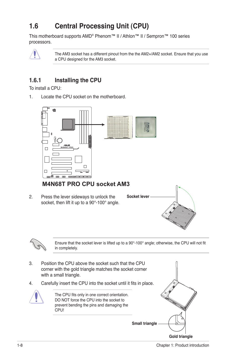 6 central processing unit (cpu), 1 installing the cpu, Central processing unit (cpu) -8 1.6.1 | Installing the cpu -8, M4n68t pro cpu socket am3 | Asus M4N68T PRO User Manual | Page 18 / 64