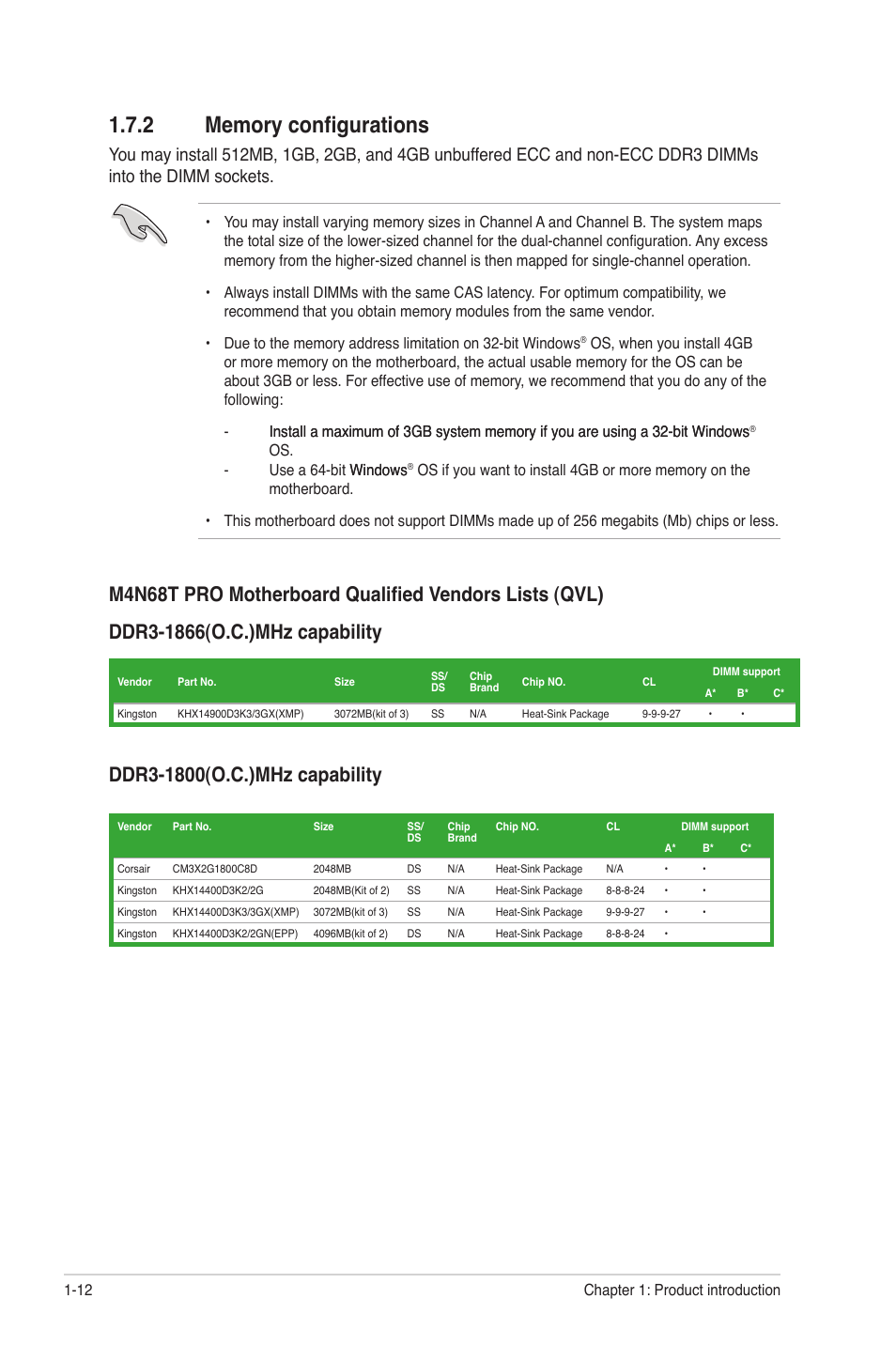 2 memory configurations, Memory configurations -12 | Asus M4N68T PRO User Manual | Page 22 / 64