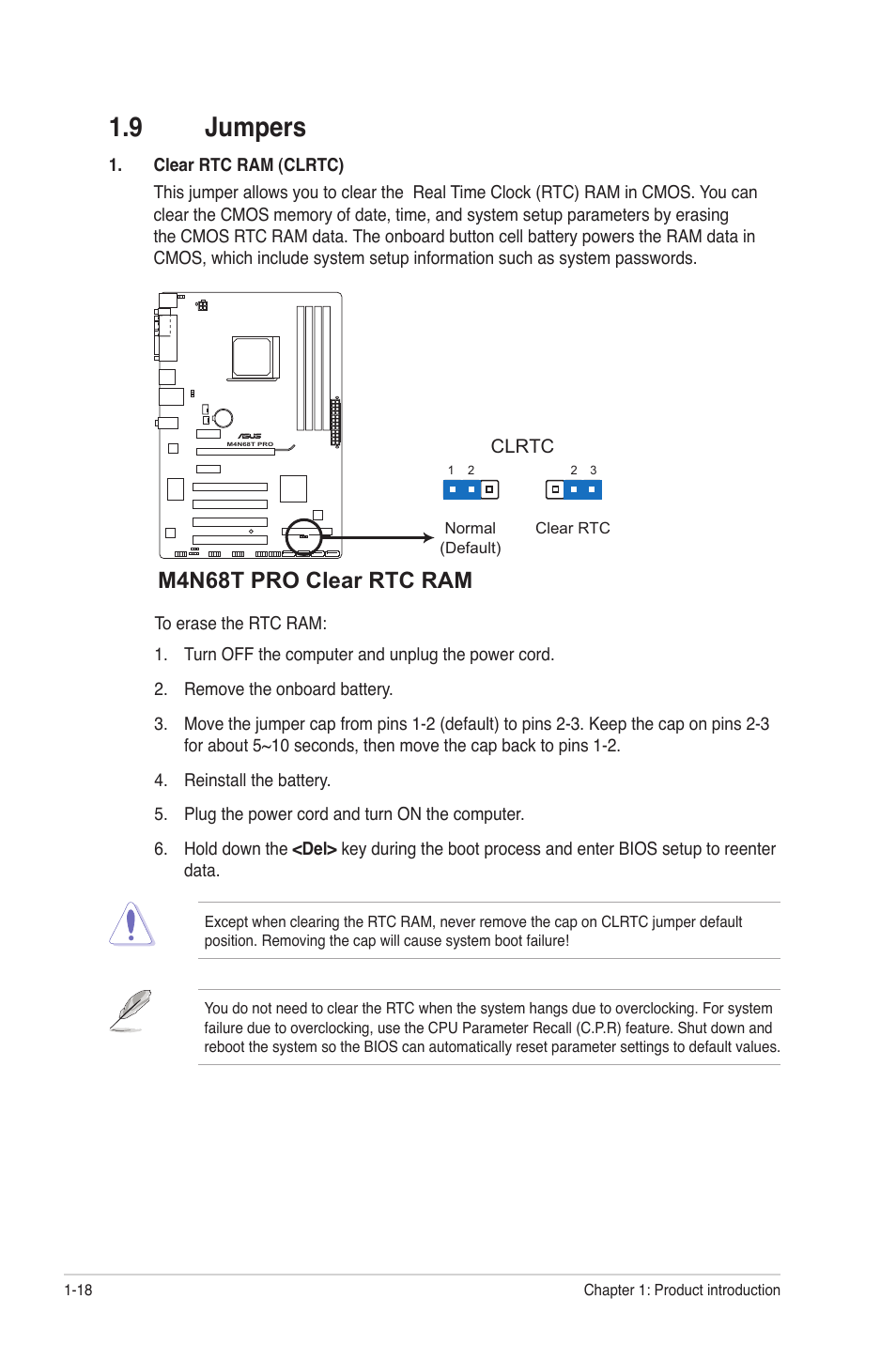 9 jumpers, Jumpers -18, M4n68t pro clear rtc ram | Asus M4N68T PRO User Manual | Page 28 / 64