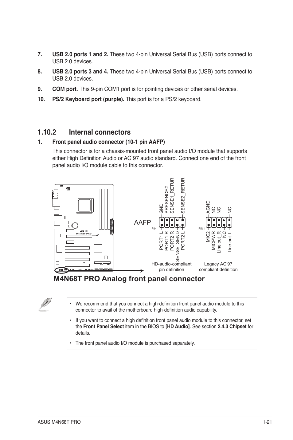 2 internal connectors, 2 internal connectors -21, M4n68t pro analog front panel connector | Aafp | Asus M4N68T PRO User Manual | Page 31 / 64