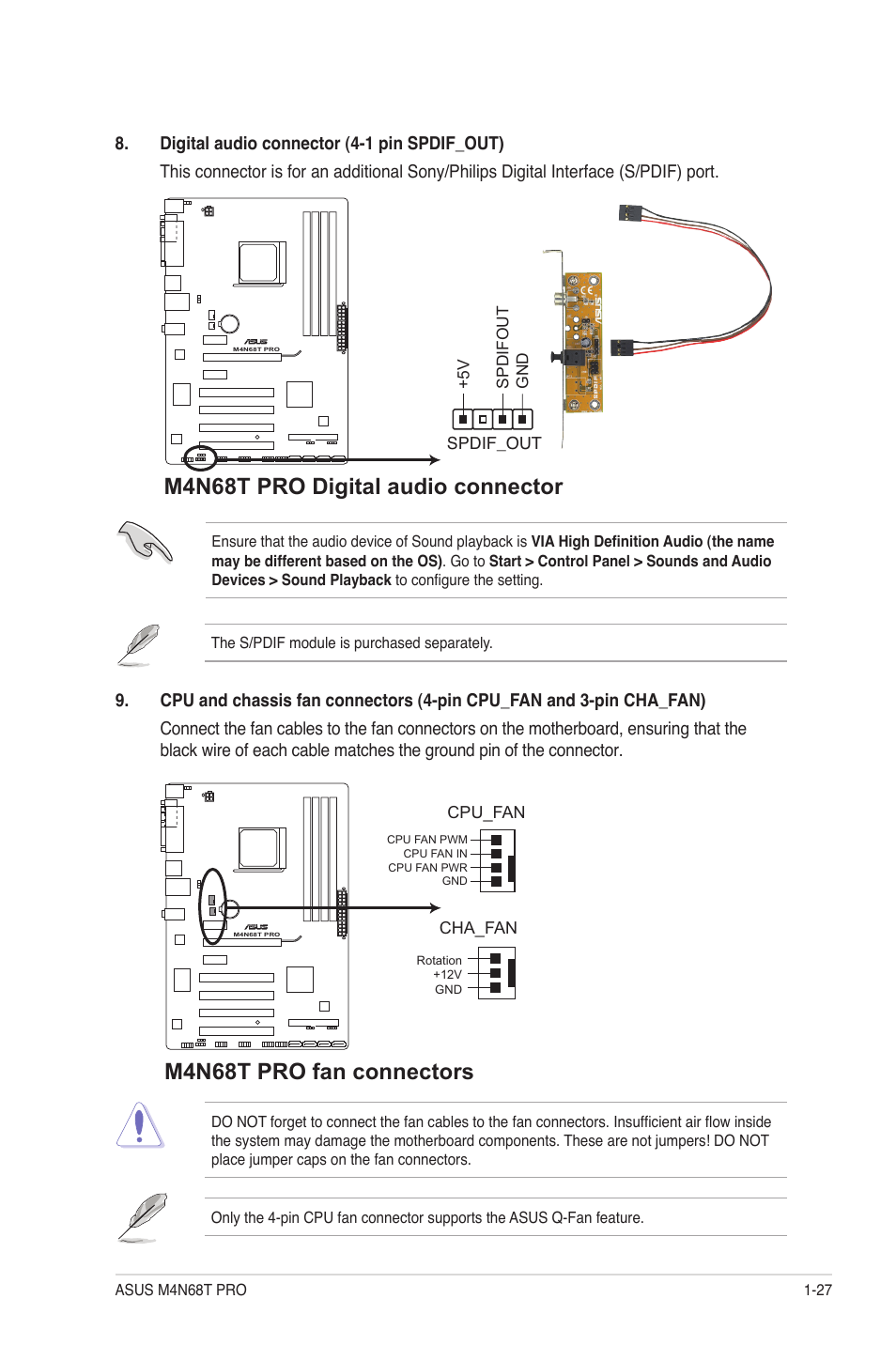 M4n68t pro digital audio connector, M4n68t pro fan connectors | Asus M4N68T PRO User Manual | Page 37 / 64