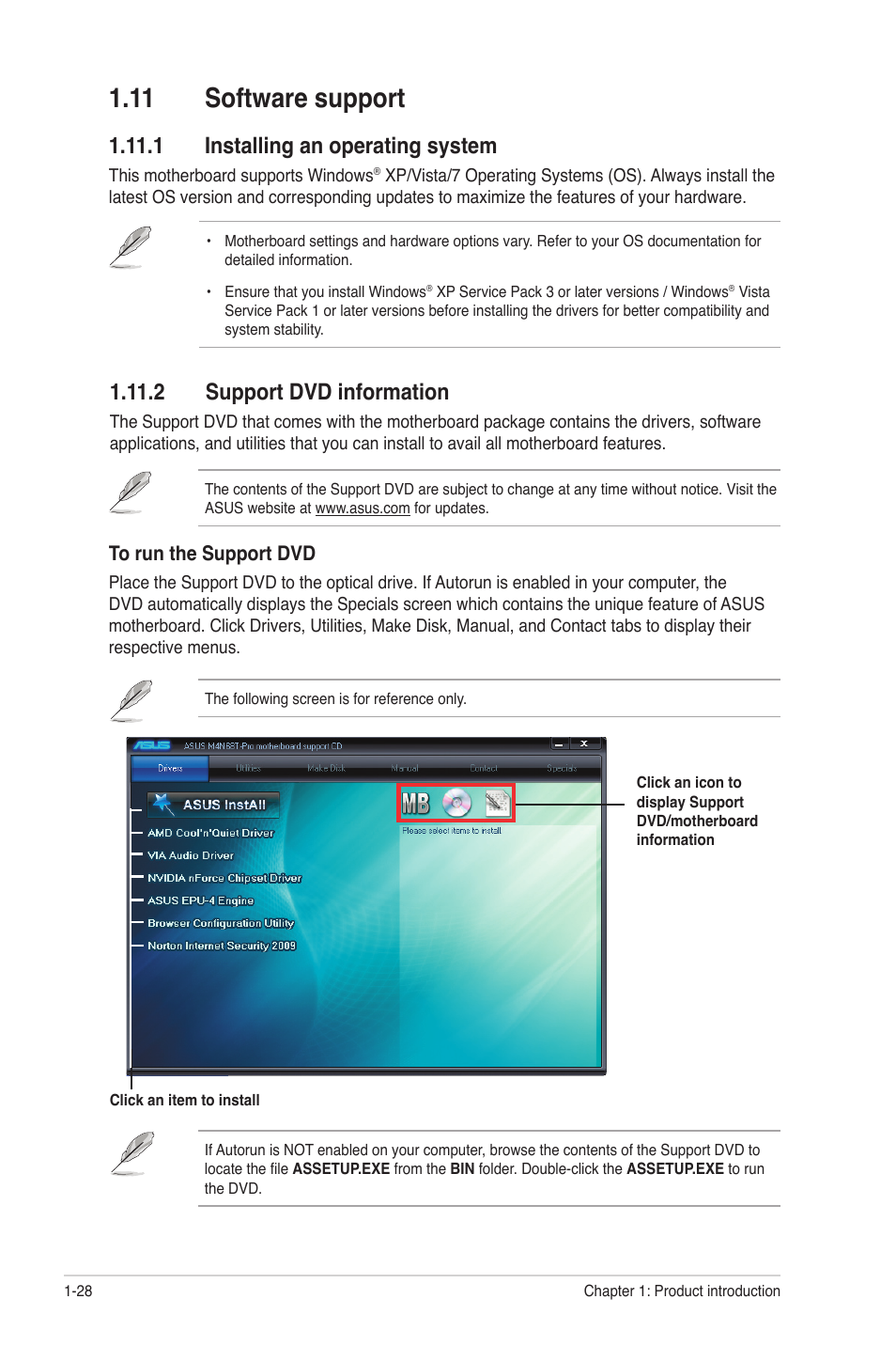 11 software support, 1 installing an operating system, 2 support dvd information | 11 software support -28 | Asus M4N68T PRO User Manual | Page 38 / 64