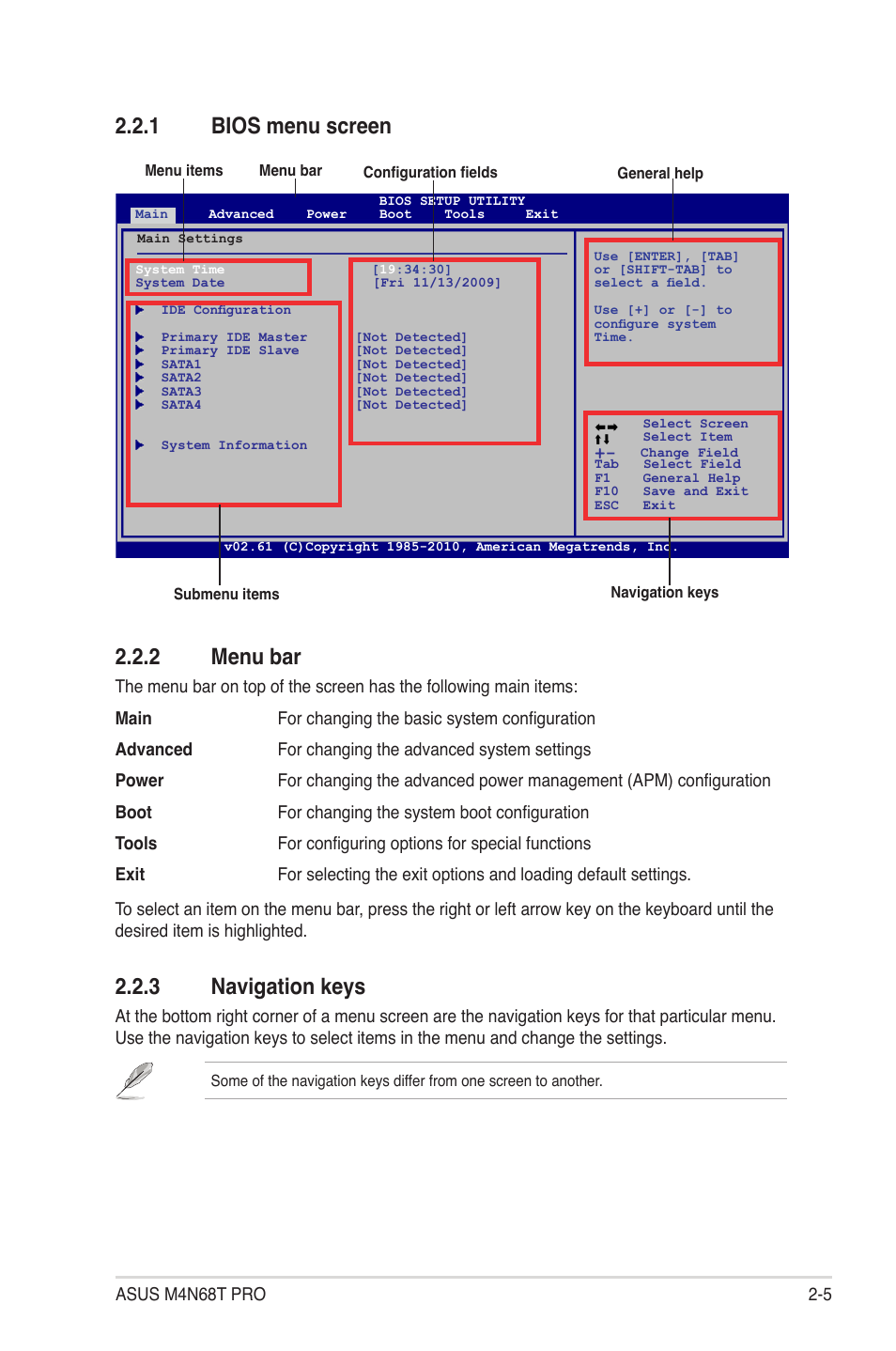 1 bios menu screen, 2 menu bar, 3 navigation keys | Bios menu screen -5, Menu bar -5, Navigation keys -5, 1 bios menu screen 2.2.2 menu bar | Asus M4N68T PRO User Manual | Page 43 / 64