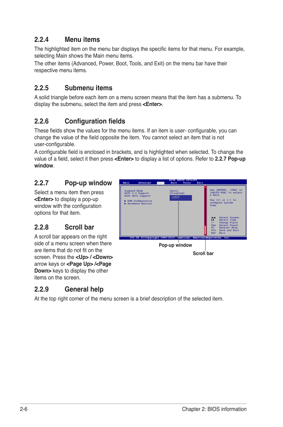 4 menu items, 5 submenu items, 6 configuration fields | 7 pop-up window, 8 scroll bar, 9 general help, Menu items -6, Submenu items -6, Configuration fields -6, Pop-up window -6 | Asus M4N68T PRO User Manual | Page 44 / 64