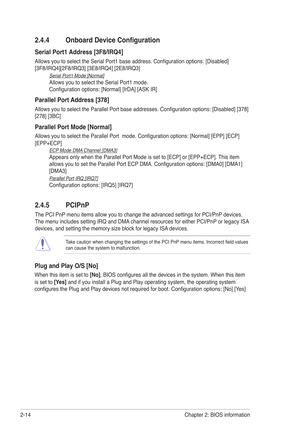 4 onboard device configuration, 5 pcipnp, 4 onboard device configuration -14 2.4.5 | Pcipnp -14 | Asus M4N68T PRO User Manual | Page 52 / 64