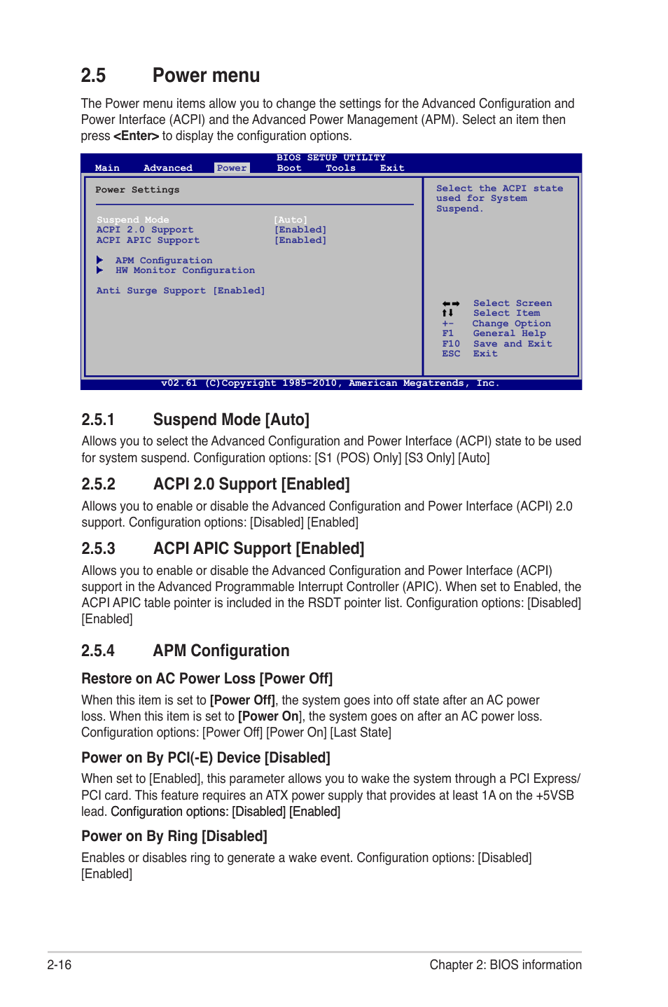 5 power menu, 1 suspend mode [auto, 2 acpi 2.0 support [enabled | 3 acpi apic support [enabled, 4 apm configuration, Power menu -16, Suspend mode -16, Acpi 2.0 support -16, Acpi apic support -16, Apm configuration -16 | Asus M4N68T PRO User Manual | Page 54 / 64