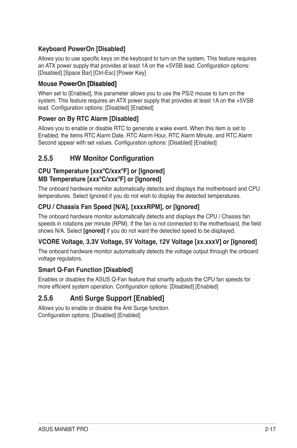 5 hw monitor configuration, 6 anti surge support [enabled, Hw monitor configuration -17 | Anti surge support -17 | Asus M4N68T PRO User Manual | Page 55 / 64