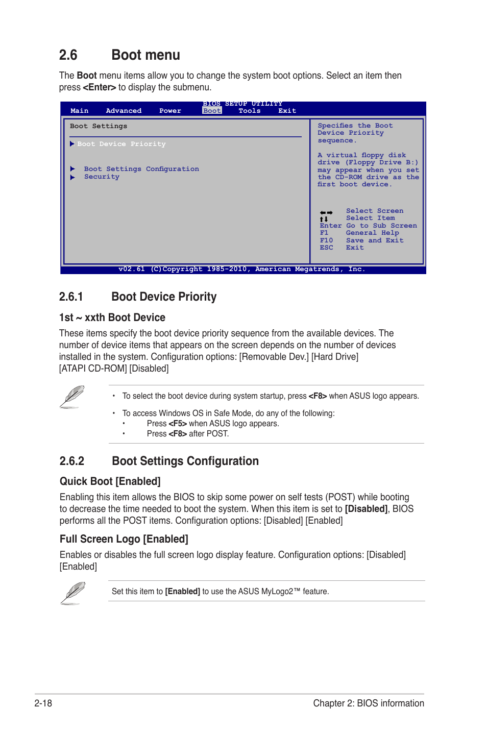 6 boot menu, 1 boot device priority, 2 boot settings configuration | Boot menu -18 2.6.1, Boot device priority -18, Boot settings configuration -18, 1st ~ xxth boot device, Quick boot [enabled, Full screen logo [enabled | Asus M4N68T PRO User Manual | Page 56 / 64