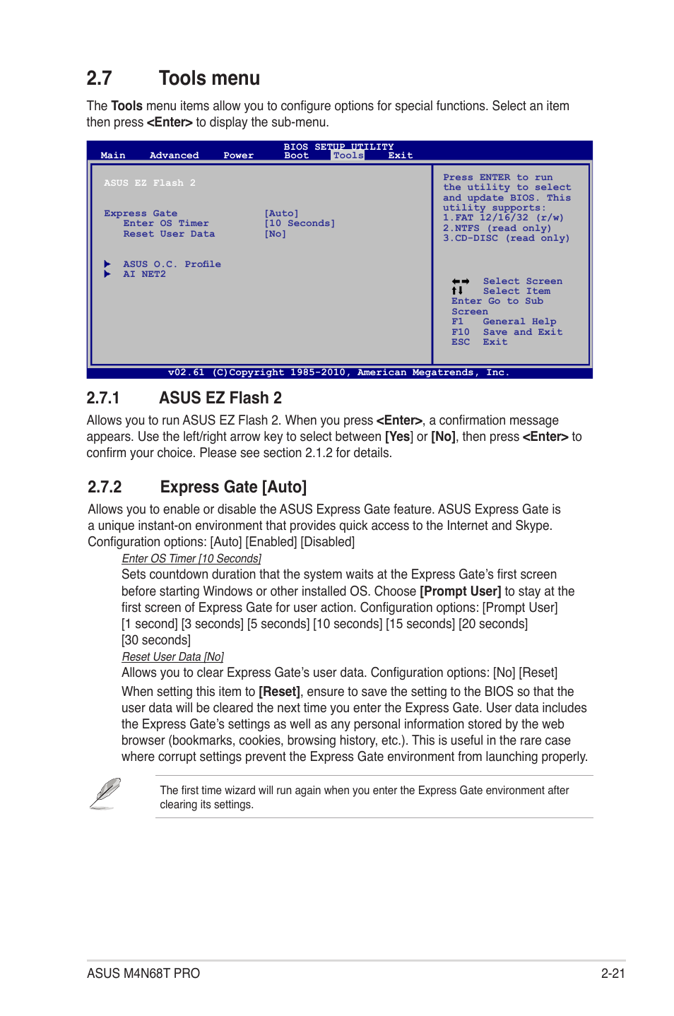 7 tools menu, 1 asus ez flash 2, 2 express gate [auto | Tools menu -21 2.7.1, Asus ez flash 2 -21, Express gate -21 | Asus M4N68T PRO User Manual | Page 59 / 64