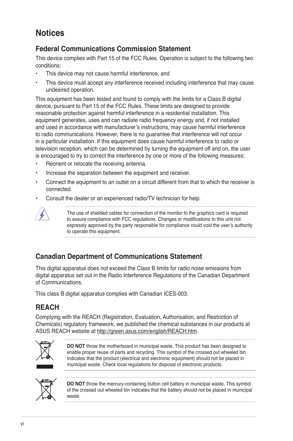 Notices, Federal communications commission statement, Canadian department of communications statement | Reach | Asus M4N68T PRO User Manual | Page 6 / 64