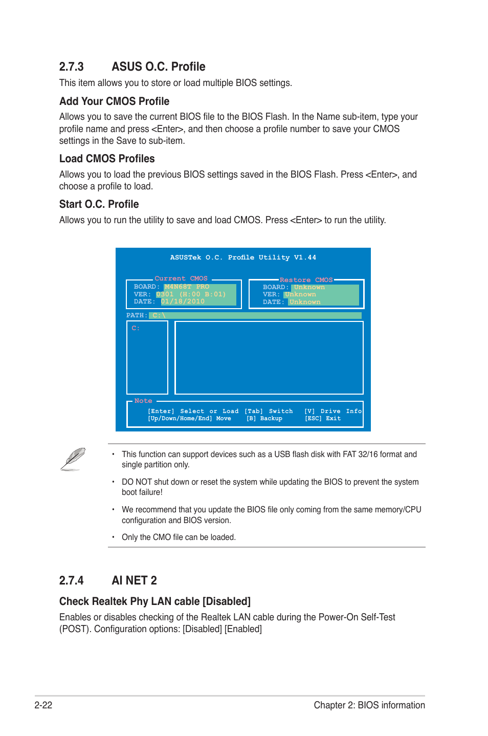 3 asus o.c. profile, 4 ai net 2, Asus o.c. profile -22 | Ai net 2 -22, Check realtek phy lan cable [disabled, Add your cmos profile, Load cmos profiles, Start o.c. profile | Asus M4N68T PRO User Manual | Page 60 / 64