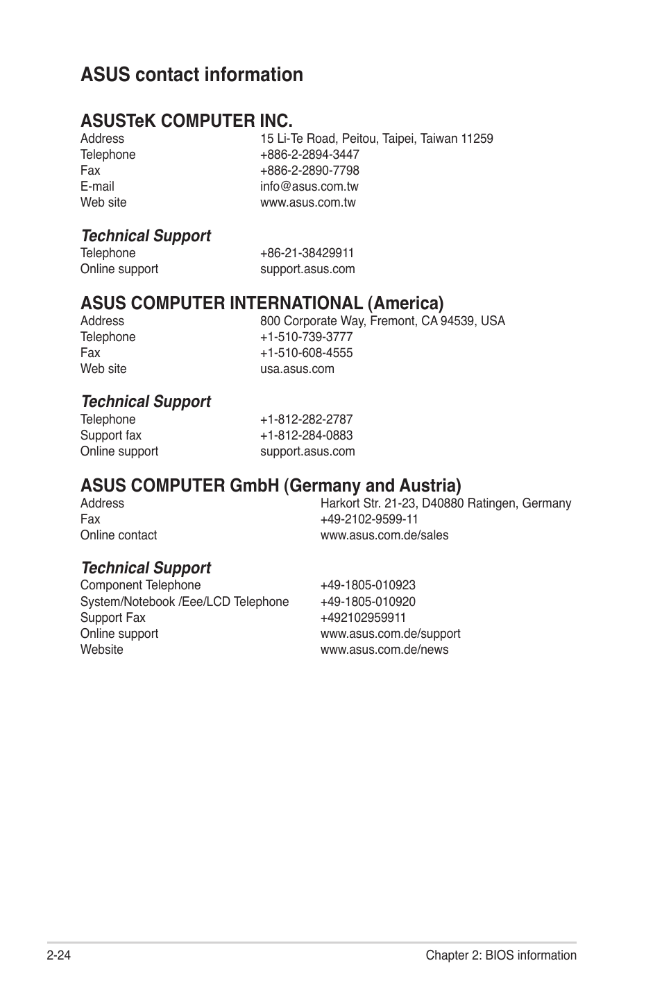 Asus contact information, Asus contact information -24, Asustek computer inc | Asus computer international (america), Asus computer gmbh (germany and austria), Technical support | Asus M4N68T PRO User Manual | Page 62 / 64