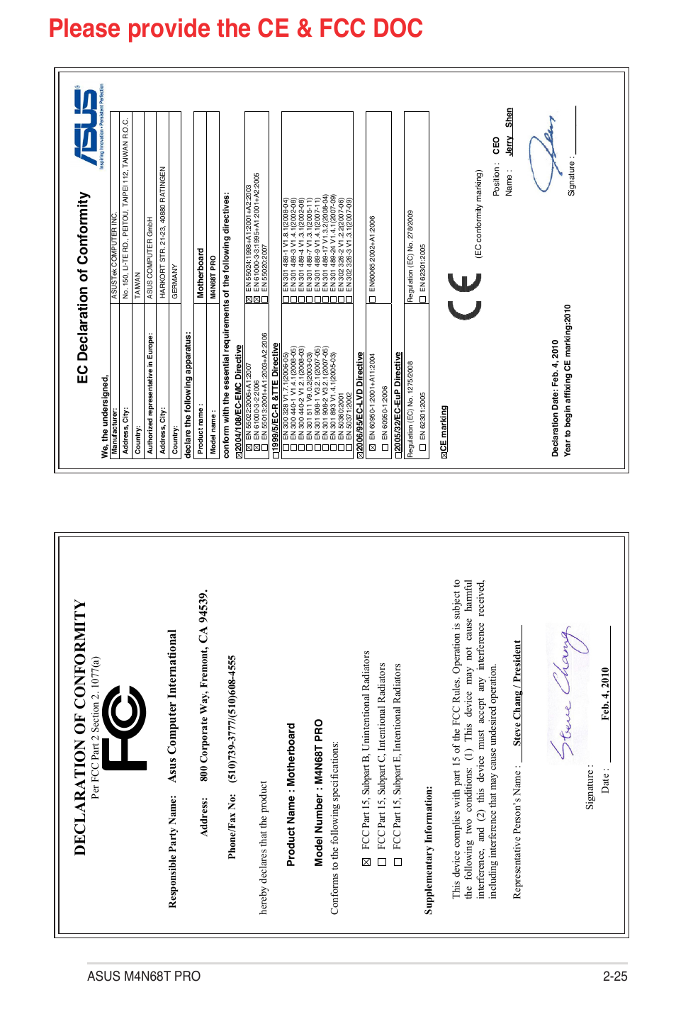 Please provide the ce & fcc doc, Declaration of conformity, Asu s c om pu te r in te rn at io na l | Asus M4N68T PRO User Manual | Page 63 / 64