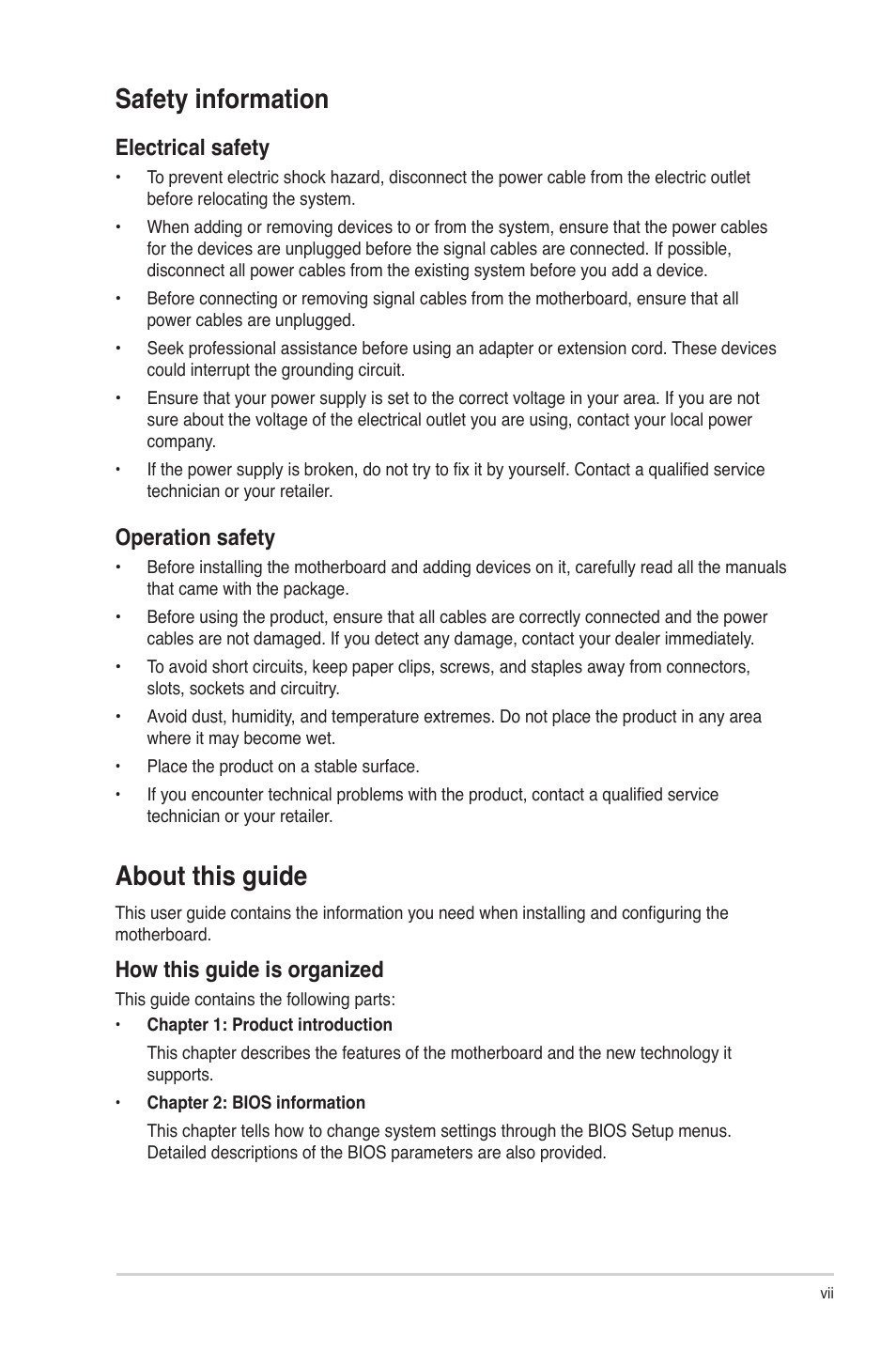 Safety information, About this guide, Electrical safety | Operation safety, How this guide is organized | Asus M4N68T PRO User Manual | Page 7 / 64