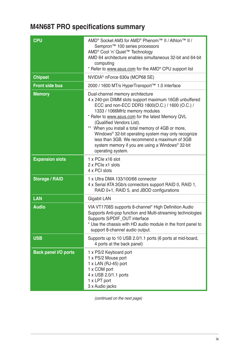M4n68t pro specifications summary | Asus M4N68T PRO User Manual | Page 9 / 64