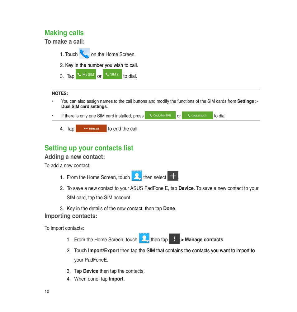 Making calls, Setting up your contacts list, Adding a new contact | Importing contacts | Asus PadFone E User Manual | Page 10 / 58