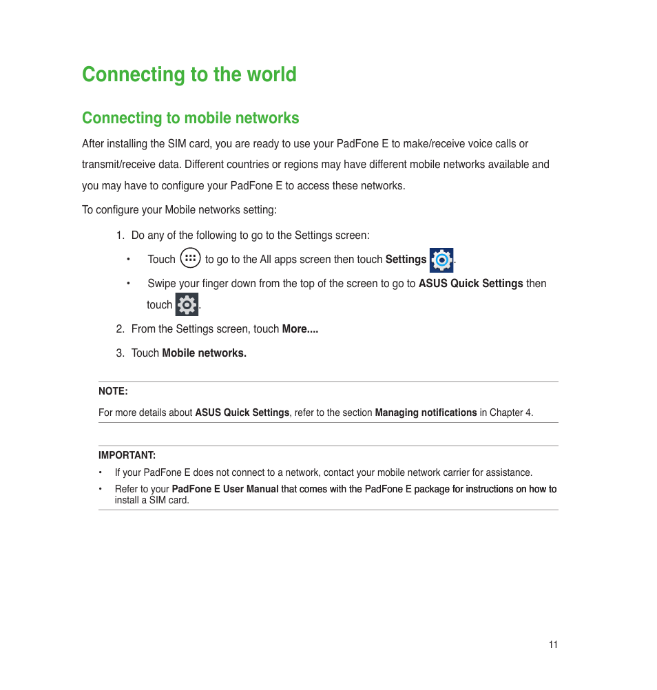 Connecting to the world, Connecting to mobile networks | Asus PadFone E User Manual | Page 11 / 58