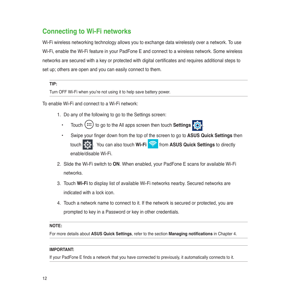 Connecting to wi-fi networks | Asus PadFone E User Manual | Page 12 / 58